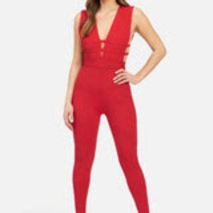 Bebe Bandage Plunge Neck Catsuit - True Red / L